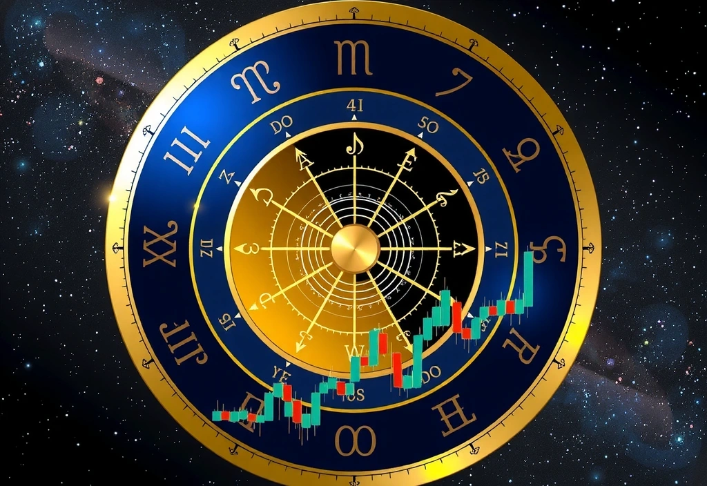 Zodiak w kontekście finansowym z symbolami znaków i wykresami